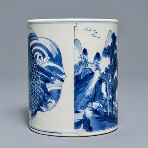 A Chinese blue and white 'carp' brush pot, bitong, Kangxi — photo 2