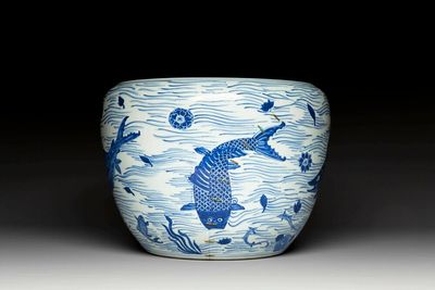 A Chinese blue and white 'carp' fishbowl, Kangxi