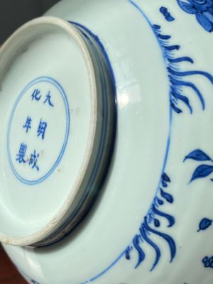A Chinese blue and white 'carps' bowl, Chenghua mark, Kangxi — photo 12