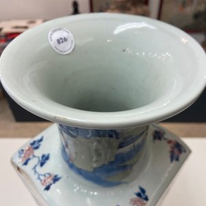 A Chinese blue and white, celadon and copper-red tapering square vase with landscape panels, Kangxi — photo 12