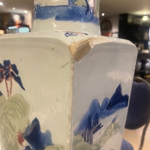 A Chinese blue and white, celadon and copper-red tapering square vase with landscape panels, Kangxi — photo 16