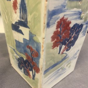 A Chinese blue and white, celadon and copper-red tapering square vase with landscape panels, Kangxi — photo 19