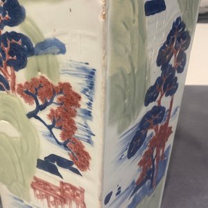 A Chinese blue and white, celadon and copper-red tapering square vase with landscape panels, Kangxi — photo 31