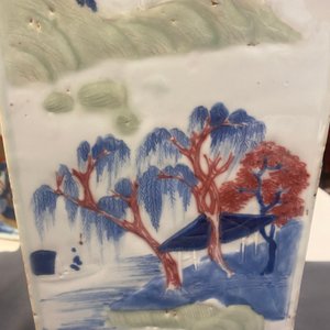 A Chinese blue and white, celadon and copper-red tapering square vase with landscape panels, Kangxi — photo 47