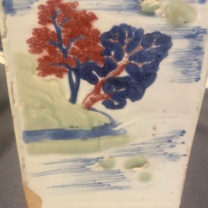 A Chinese blue and white, celadon and copper-red tapering square vase with landscape panels, Kangxi — photo 51