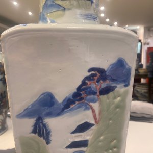 A Chinese blue and white, celadon and copper-red tapering square vase with landscape panels, Kangxi — photo 53