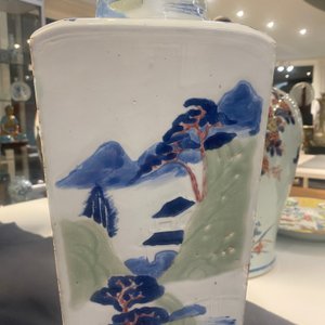 A Chinese blue and white, celadon and copper-red tapering square vase with landscape panels, Kangxi — photo 54