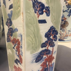 A Chinese blue and white, celadon and copper-red tapering square vase with landscape panels, Kangxi — photo 59
