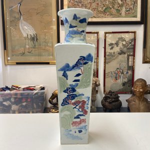 A Chinese blue and white, celadon and copper-red tapering square vase with landscape panels, Kangxi — photo 7