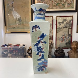 A Chinese blue and white, celadon and copper-red tapering square vase with landscape panels, Kangxi — photo 9
