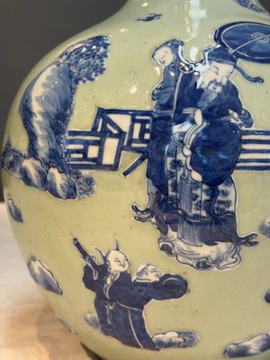 A Chinese blue and white celadon-ground 'Sanxing' bottle vase with relief design, 19th C. — photo 4