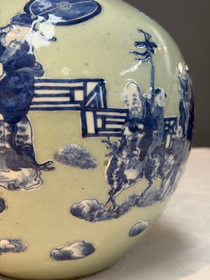 A Chinese blue and white celadon-ground 'Sanxing' bottle vase with relief design, 19th C. — photo 5