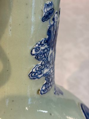A Chinese blue and white celadon-ground 'Sanxing' bottle vase with relief design, 19th C. — photo 8