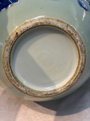A Chinese blue and white celadon-ground 'Sanxing' bottle vase with relief design, 19th C. — photo 10