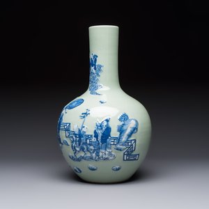 A Chinese blue and white celadon-ground 'Sanxing' bottle vase with relief design, 19th C. — photo 2
