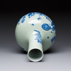 A Chinese blue and white celadon-ground 'Sanxing' bottle vase with relief design, 19th C. — photo 5