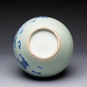 A Chinese blue and white celadon-ground 'Sanxing' bottle vase with relief design, 19th C. — photo 6