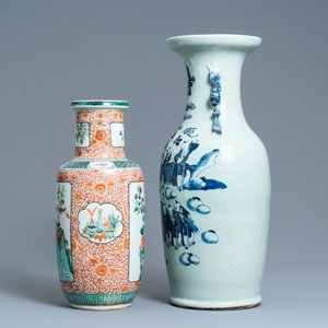 A Chinese blue and white celadon-ground vase and a famille verte rouleau vase, 19th C. — photo 4