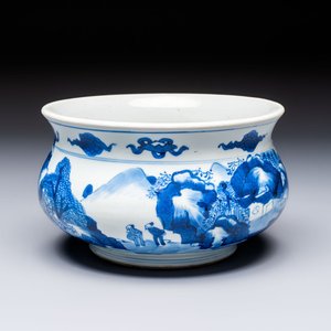 A Chinese blue and white censer depicting two sages in a mountainous landscape, Kangxi — foto 1