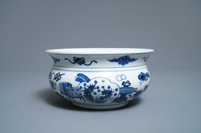 A Chinese blue and white censer with antiquities, Kangxi