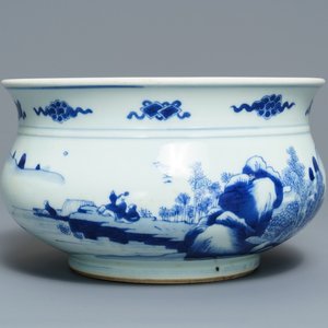 A Chinese blue and white censer with figures in a landscape, Kangxi — 照片 1