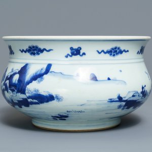 A Chinese blue and white censer with figures in a landscape, Kangxi — 照片 4