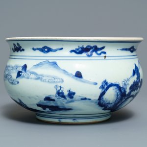 A Chinese blue and white censer with figures in a landscape, Kangxi — 照片 4