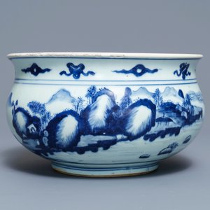 A Chinese blue and white censer with figures in a landscape, Kangxi — 照片 3