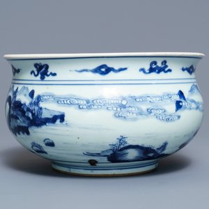A Chinese blue and white censer with figures in a landscape, Kangxi — 照片 4