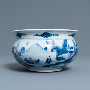 A Chinese blue and white censer with figures in a mountainous landscape, Kangxi — 照片 2