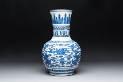 A Chinese blue and white copper-mounted 'cranes among clouds' vase, 18th C.