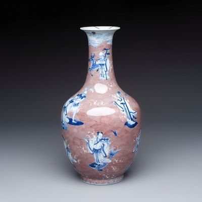 A Chinese blue and white copper-red-ground 'Eight Immortals and Shoulao' vase, Jiaqing mark and of the period