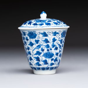A Chinese blue and white covered ewer, a rose water sprinkler, a covered cup and saucer, jade 玉 and twin-fish mark, Kangxi — photo 11