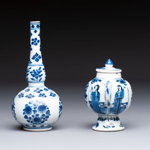 A Chinese blue and white covered ewer, a rose water sprinkler, a covered cup and saucer, jade 玉 and twin-fish mark, Kangxi — photo 3