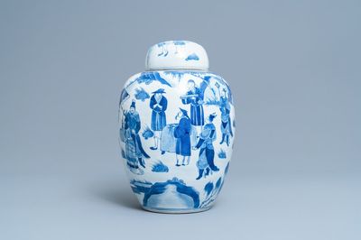 A Chinese blue and white covered jar with figures in a landscape, 19th C.