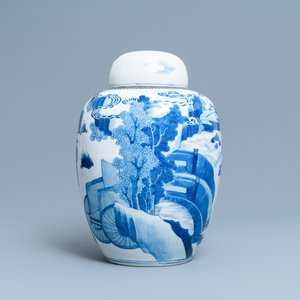 A Chinese blue and white covered jar with figures in a landscape, 19th C. — 照片 3
