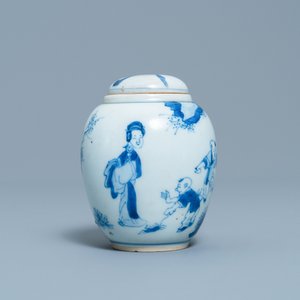 A Chinese blue and white covered tea caddy with playing boys, Kangxi — 照片 4