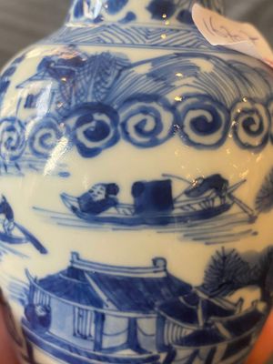 A Chinese blue and white covered vase with fishermen in a river landscape, jade mark, Kangxi — photo 13