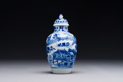 A Chinese blue and white covered vase with fishermen in a river landscape, jade mark, Kangxi