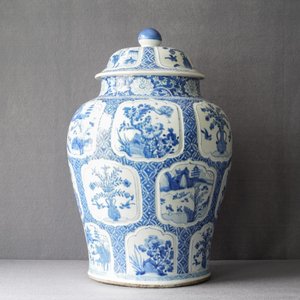 A Chinese blue and white covered vase with floral and landscape panels, Kangxi — 照片 9