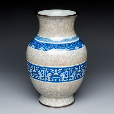 A Chinese blue and white crackle-glazed 'Taotie' vase , 19th C.