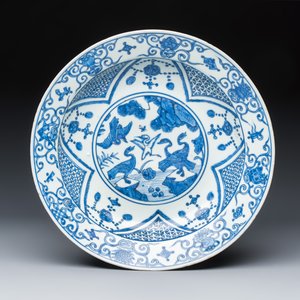 A Chinese blue and white 'Crane and Geese' dish  — photo 1