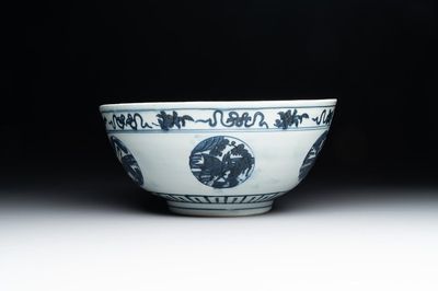 A Chinese blue and white 'crane, deer and hare' bowl, Fu Gui Chang Ming 富貴長命 mark, Jiajing