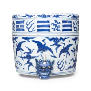 A Chinese blue and white 'Cranes' cylindrical tripod censer — 照片 2