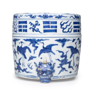 A Chinese blue and white 'Cranes' cylindrical tripod censer — 照片 5