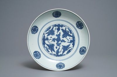 A Chinese blue and white 'cranes' dish, Jiajing mark and of the period