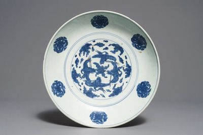 A Chinese blue and white 'cranes' dish, Jiajing mark and of the period