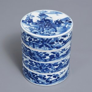 A Chinese blue and white cylindrical three-tier box, 19th C. — 照片 1