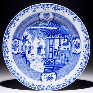 A Chinese blue and white deep dish with a scene from "The Romance of the Western Chamber", Yongzheng — photo 1