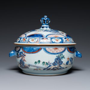 A Chinese blue and white dish and a verte-Imari tureen and cover, Kangxi — photo 4